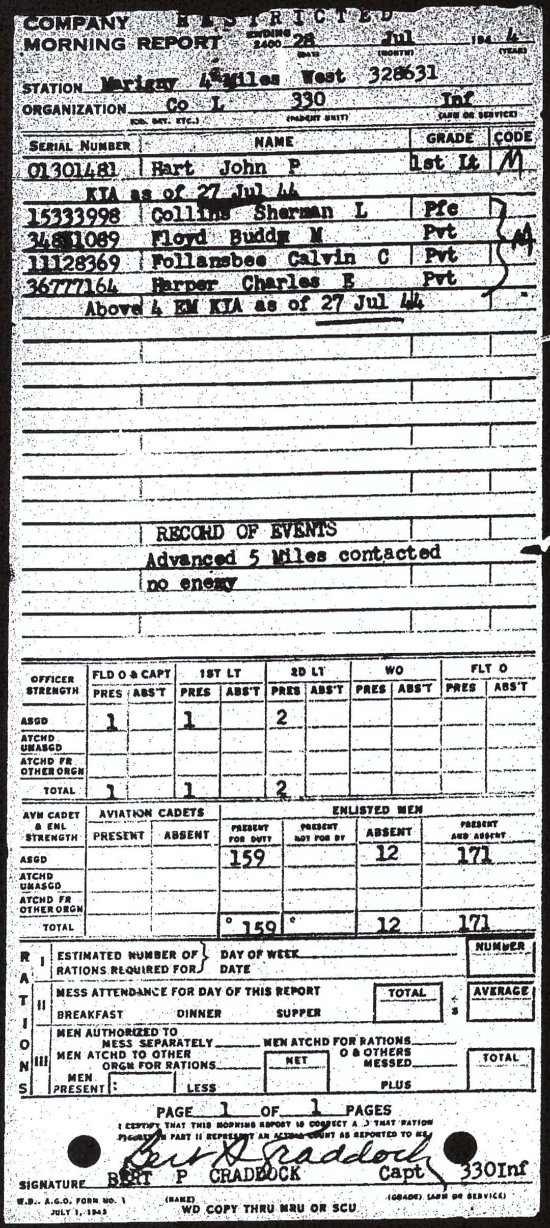 Morning report L Co, 1944-07-28, page 1 Morning report