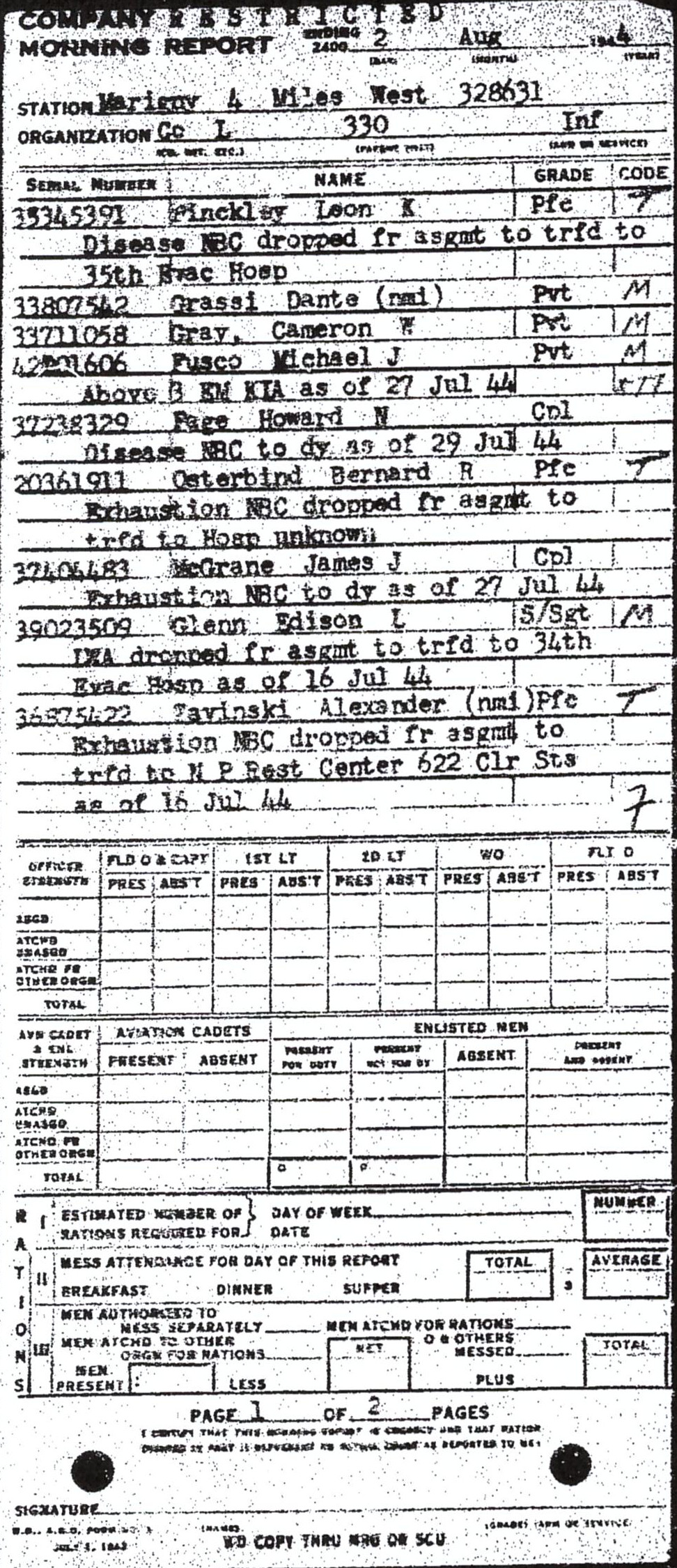 Morning report L Co, 1944-08-02, page 1 Morning report