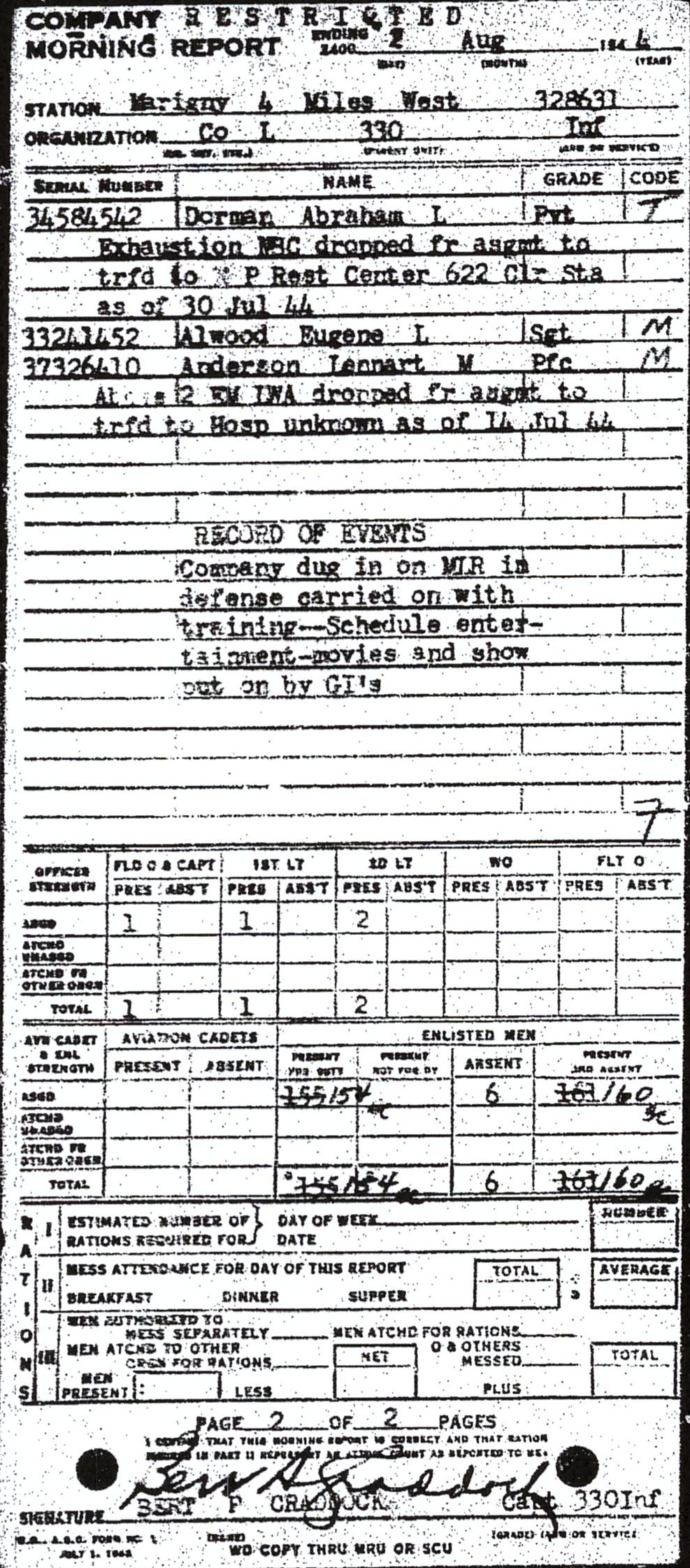 Morning report L Co, 1944-08-02, page 2 Morning report