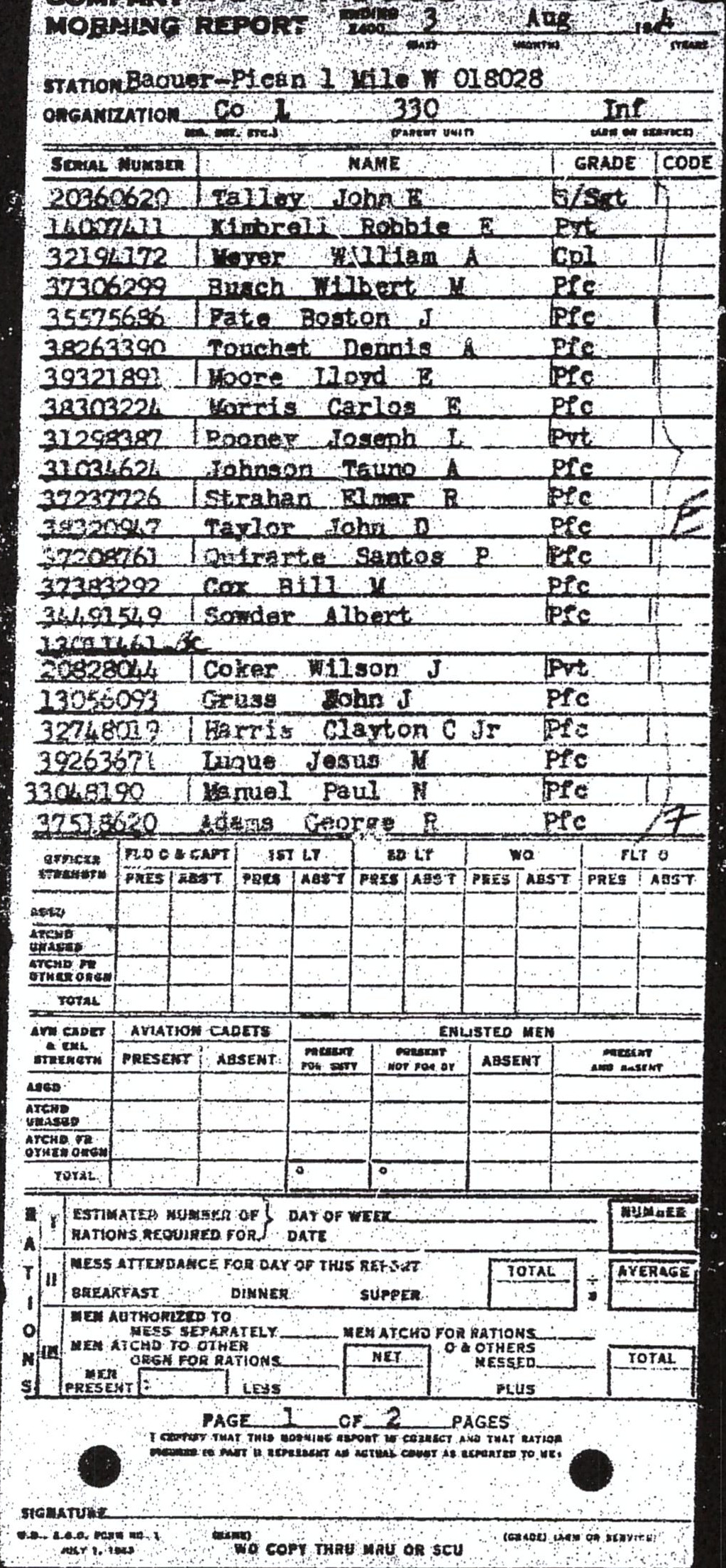 Morning report L Co, 1944-08-03, page 1 Morning report