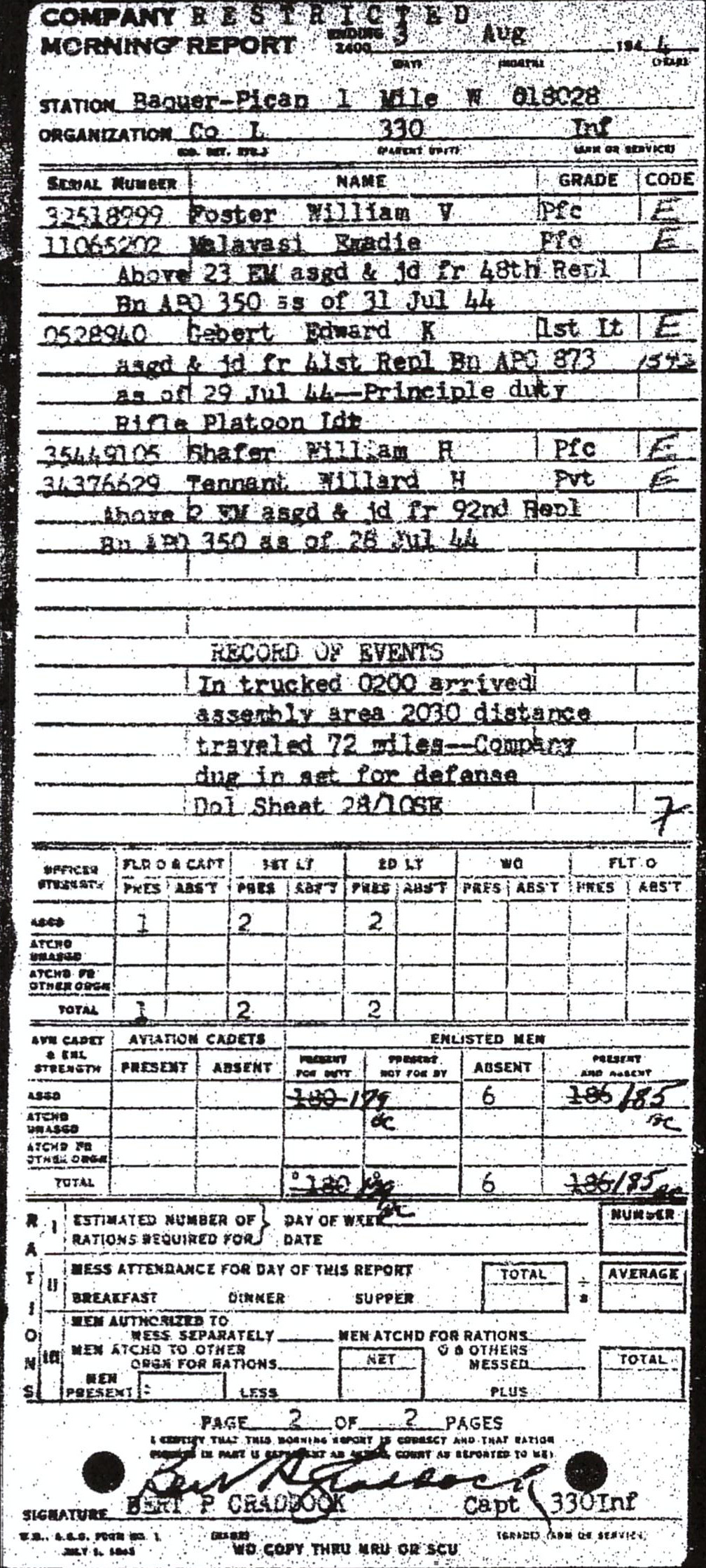 Morning report L Co, 1944-08-03, page 2 Morning report