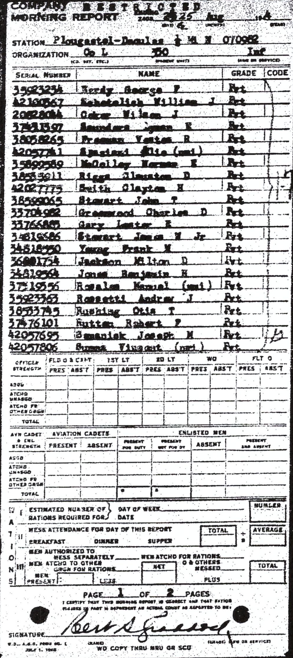Morning report L Co, 1944-08-25, page 1 Morning report