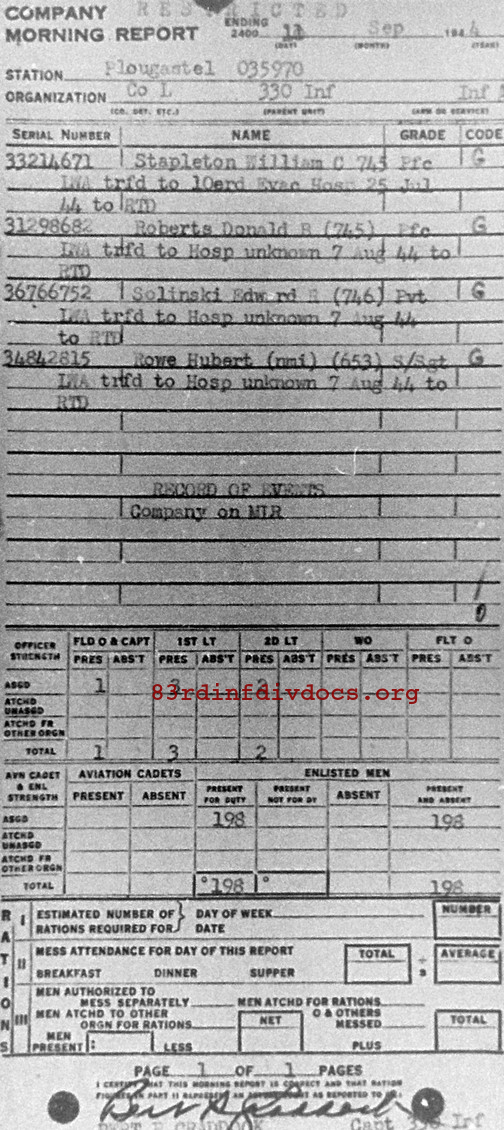 Morning report L Co, 1944-09-11, page 1 Morning report