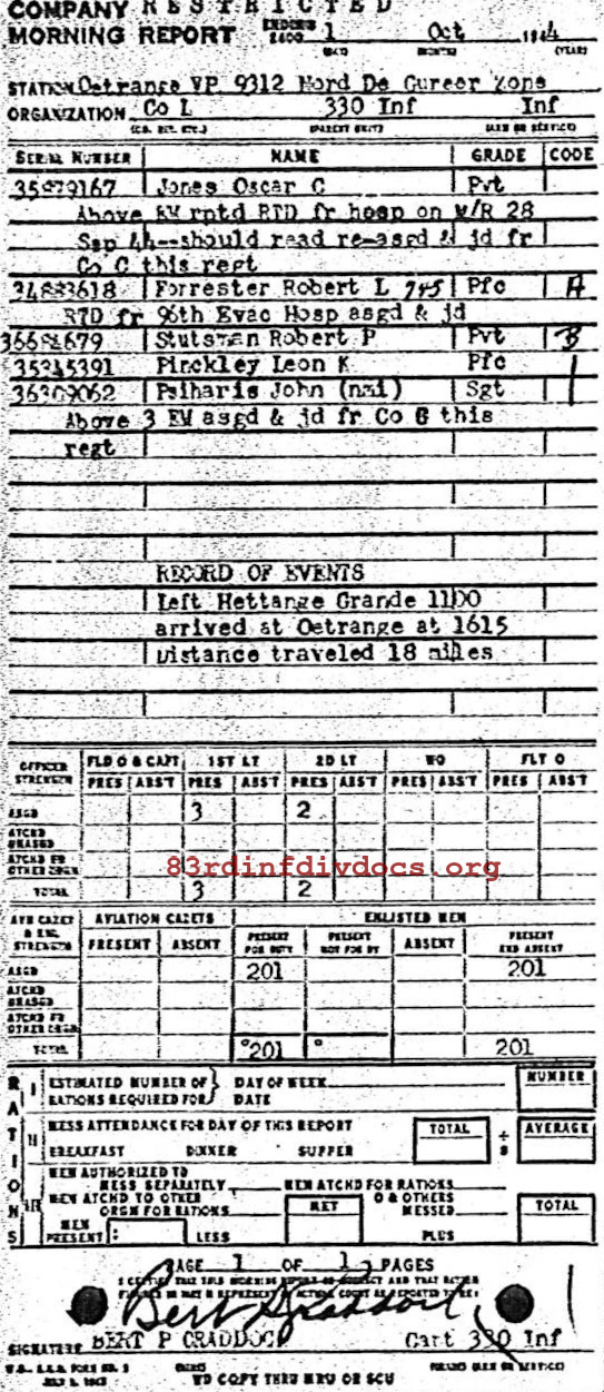 Morning report L Co, 1944-10-01, page 1 Morning report