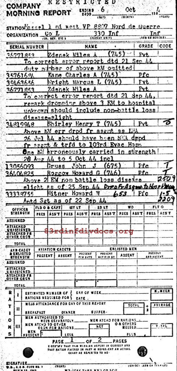 Morning report L Co, 1944-10-06, page 1 Morning report