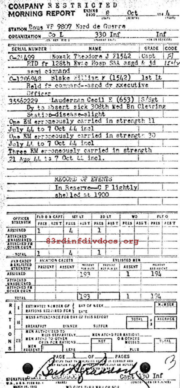 Morning report L Co, 1944-10-08, page 1 Morning report