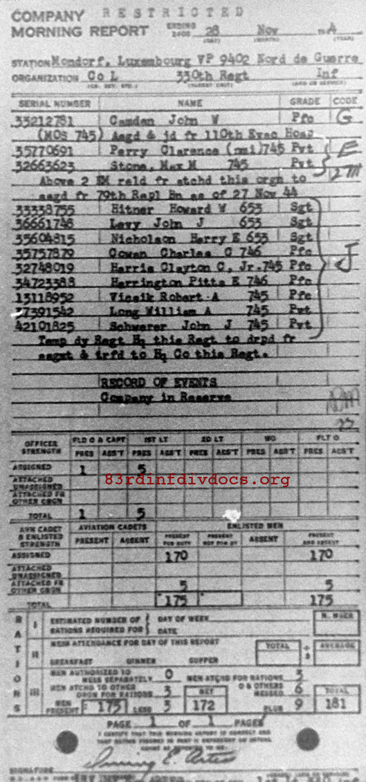 Morning report L Co, 1944-11-28, page 1 Morning report