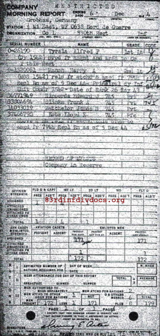 Morning report L Co, 1944-12-06, page 1 Morning report