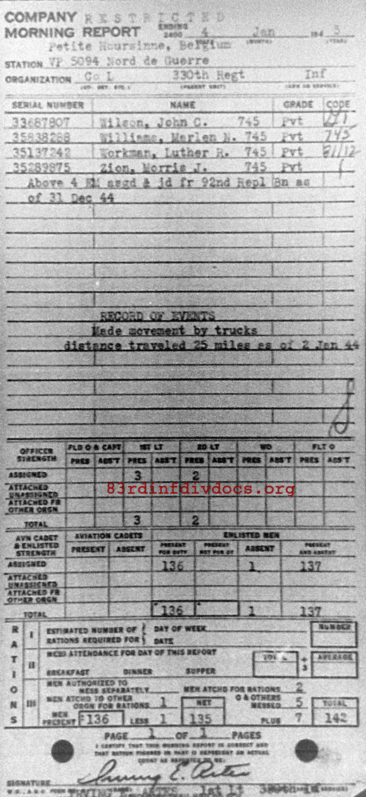 Morning report L Co, 1945-01-04, page 1 Morning report