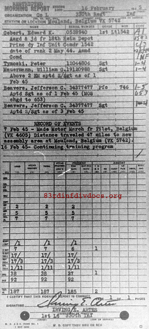 Morning report L Co, 1945-02-16, page 1 Morning report