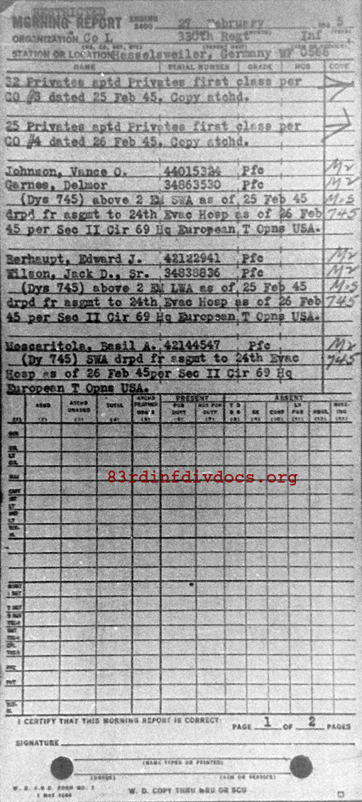 Morning report L Co, 1945-02-27, page 1 Morning report