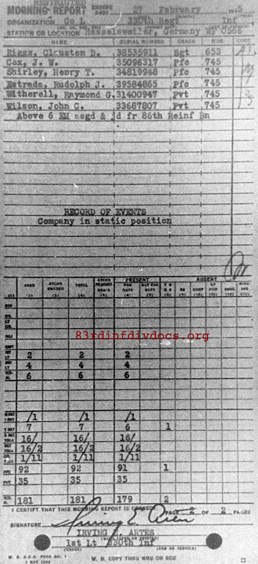 Morning report L Co, 1945-02-27, page 2 Morning report