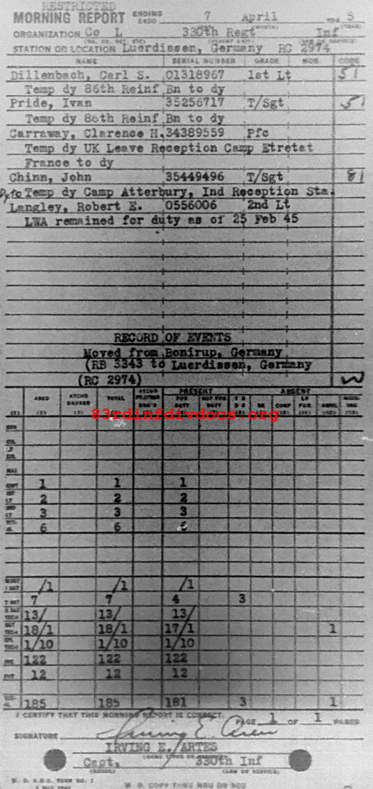 Morning report L Co, 1945-04-07, page 1 Morning report