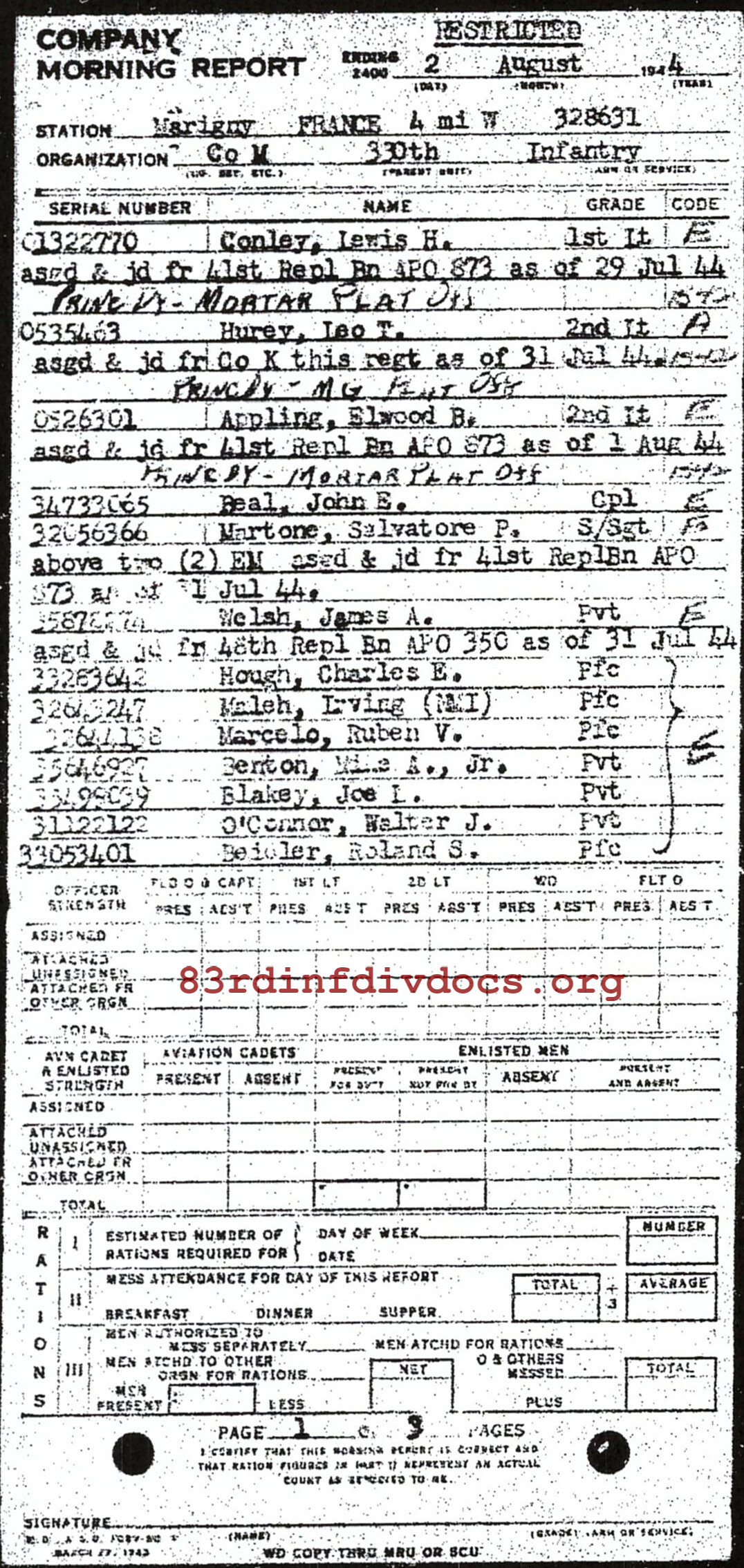 Morning report M Co, 1944-08-02, page 1 Morning report