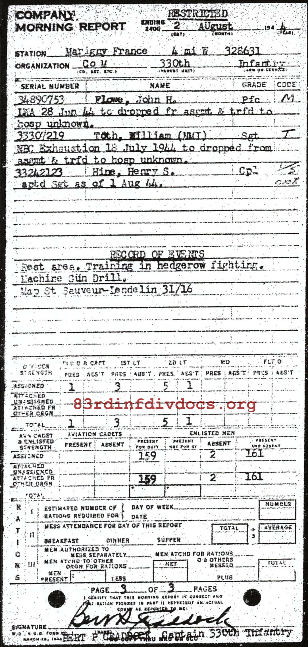 Morning report M Co, 1944-08-02, page 3 Morning report