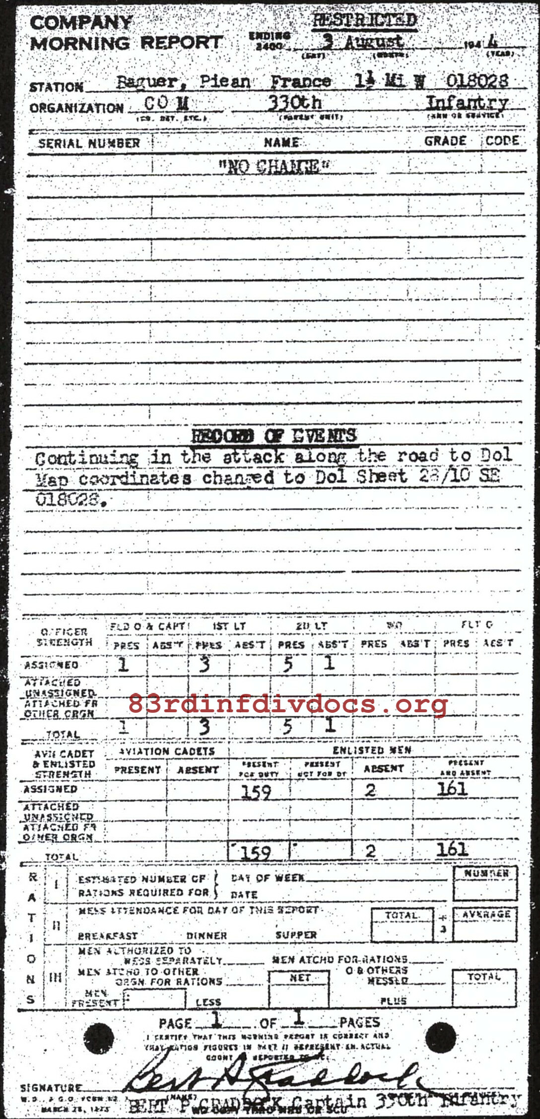 Morning report M Co, 1944-08-03, page 1 Morning report