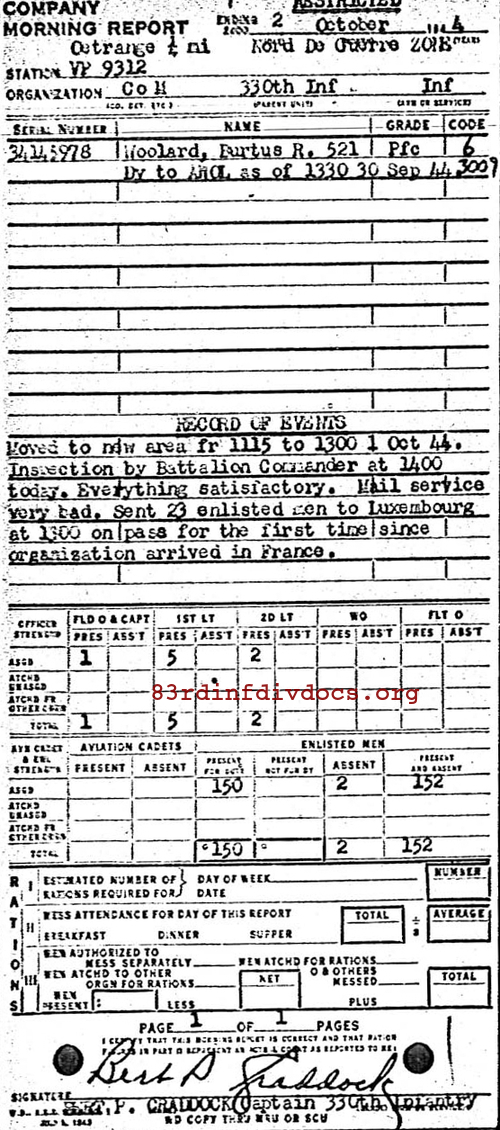 Morning report M Co, 1944-10-02, page 1 Morning report