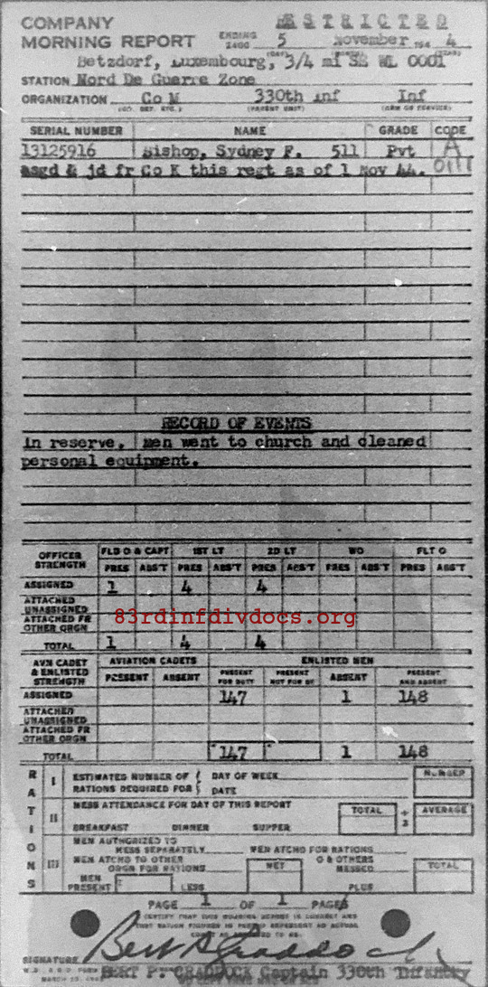 Morning report M Co, 1944-11-05, page 1 Morning report