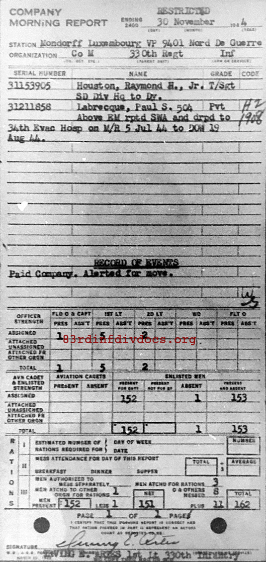 Morning report M Co, 1944-11-30, page 1 Morning report