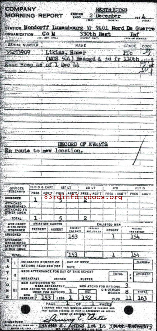 Morning report M Co, 1944-12-02, page 1 Morning report