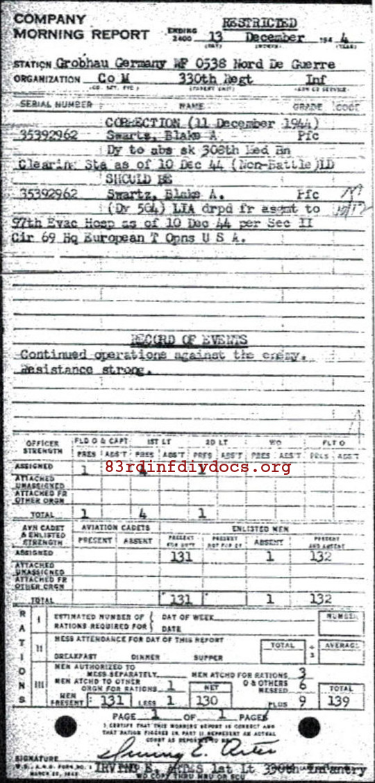 Morning report M Co, 1944-12-13, page 1 Morning report