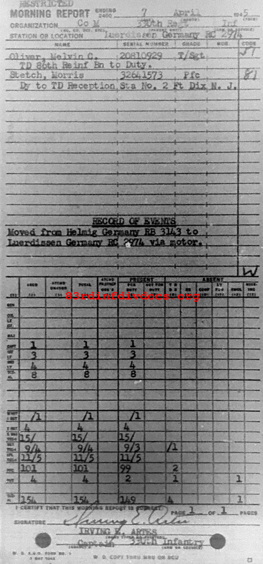 Morning report M Co, 1945-04-07, page 1 Morning report