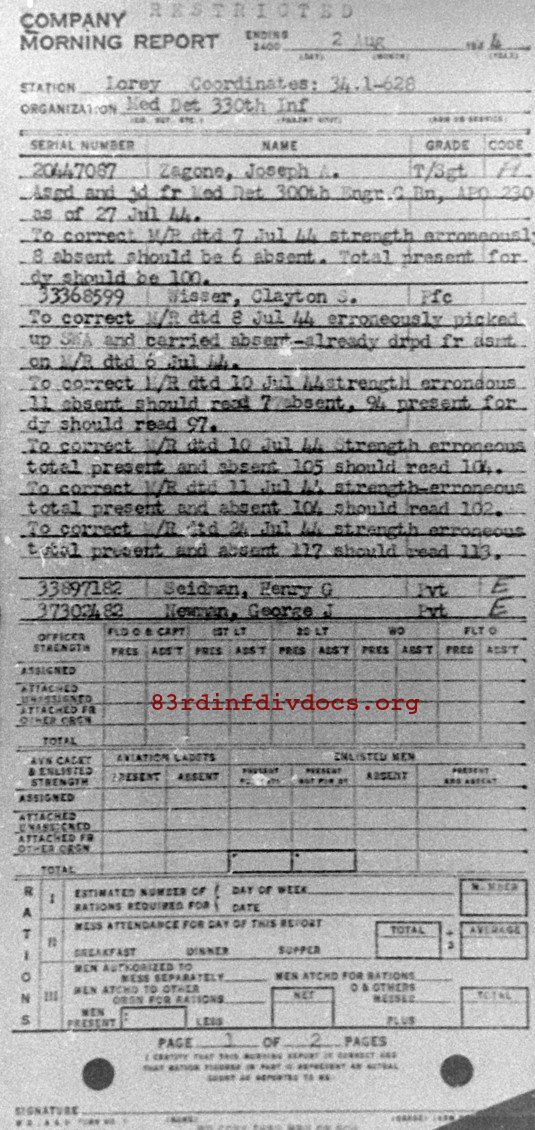 Morning report MEDDET Co, 1944-08-02, page 1 Morning report