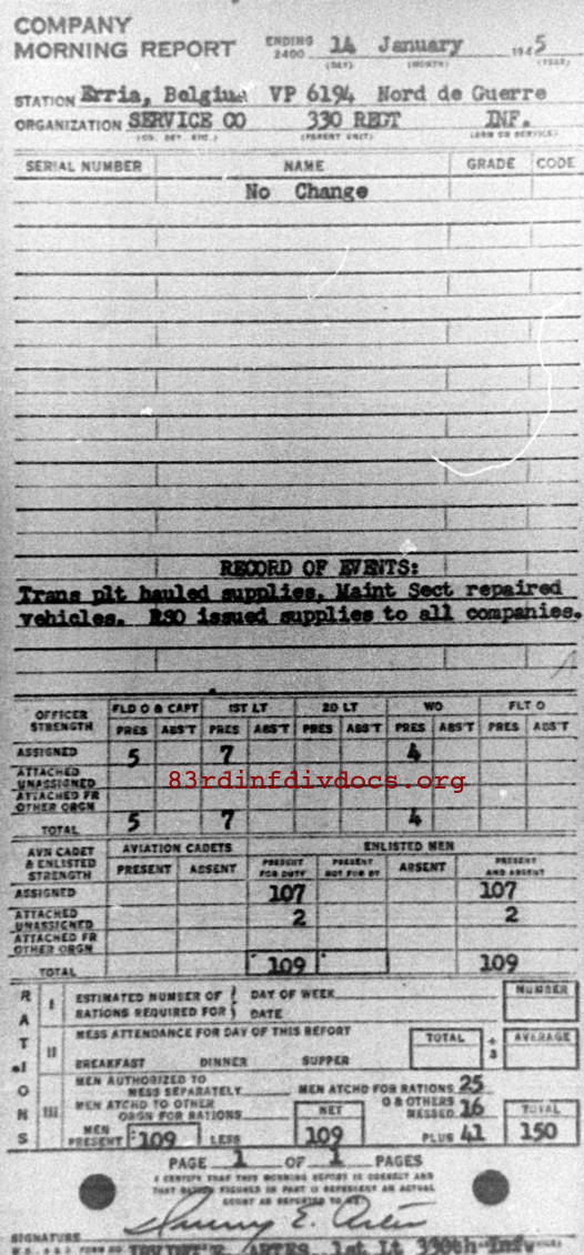 Morning report SERCO Co, 1945-01-14, page 1 Morning report