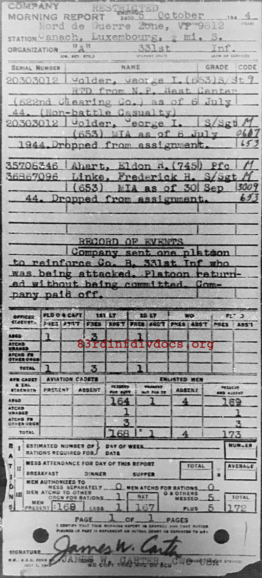 Morning report A Co, 1944-10-05, page 1 Morning report
