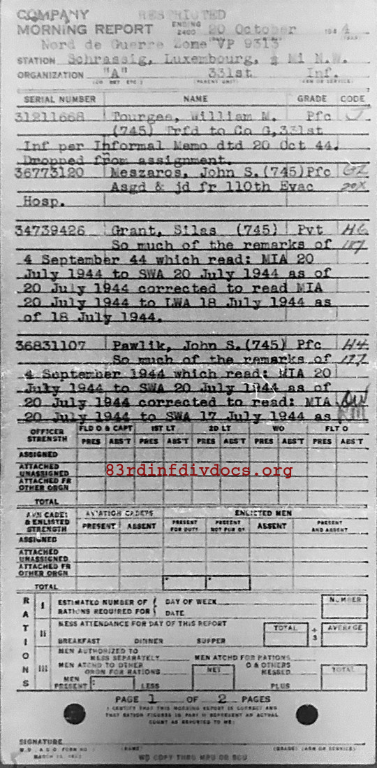 Morning report A Co, 1944-10-20, page 1 Morning report