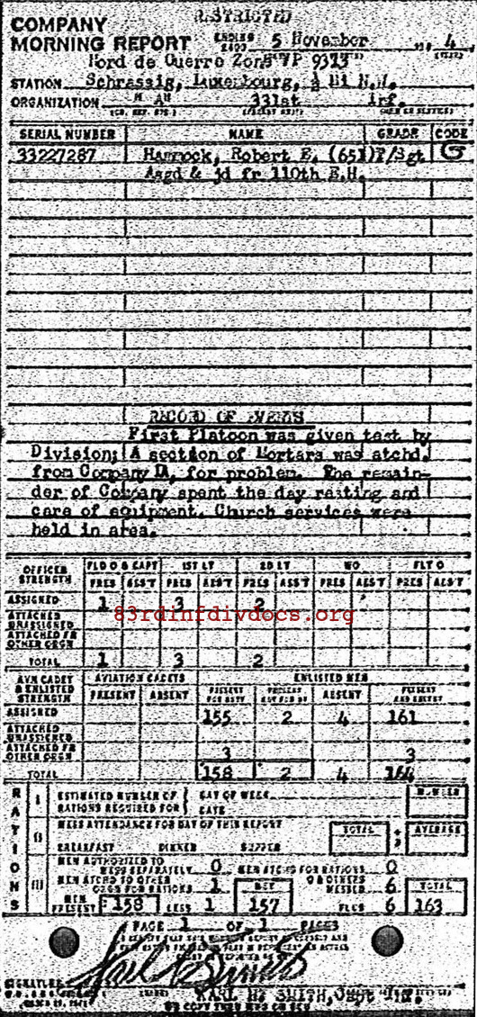 Morning report A Co, 1944-11-05, page 1 Morning report