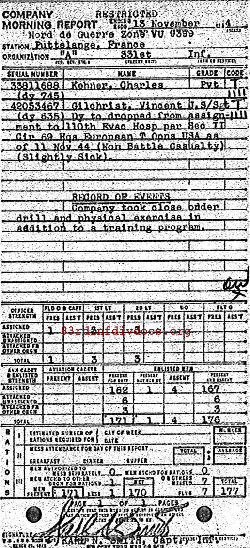 Morning report A Co, 1944-11-13, page 1 Morning report