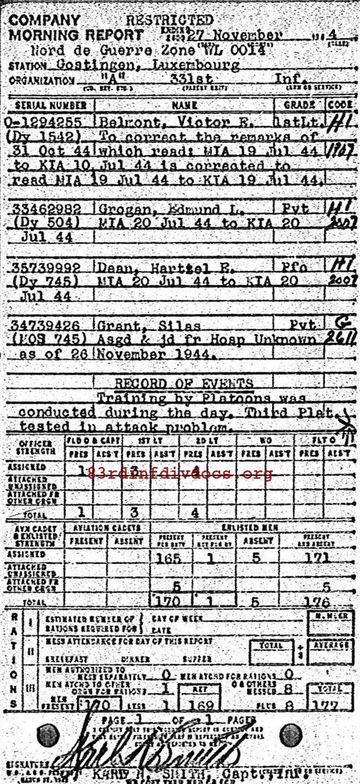 Morning report A Co, 1944-11-27, page 1 Morning report
