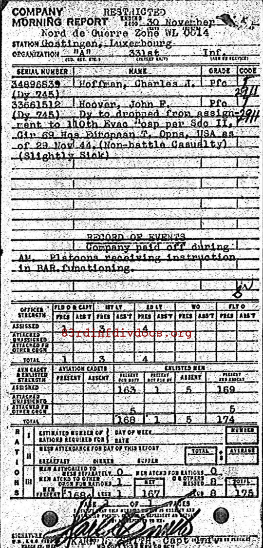 Morning report A Co, 1944-11-30, page 1 Morning report