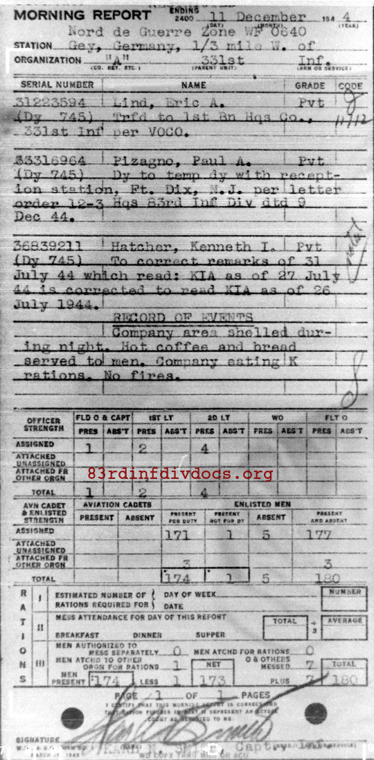 Morning report A Co, 1944-12-11, page 1 Morning report