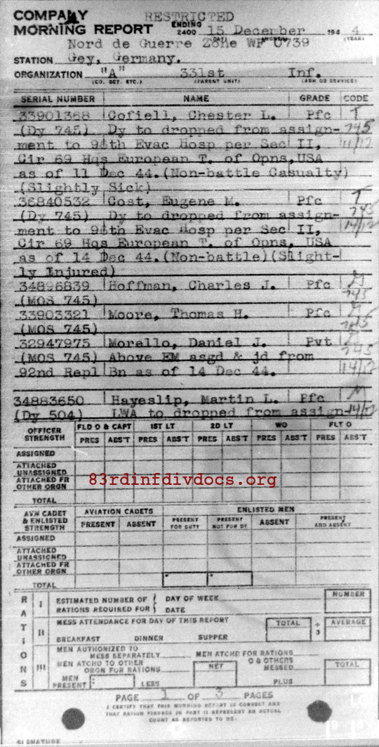 Morning report A Co, 1944-12-15, page 1 Morning report