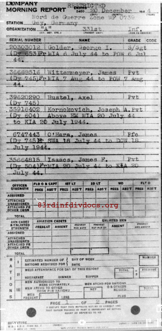 Morning report A Co, 1944-12-20, page 1 Morning report