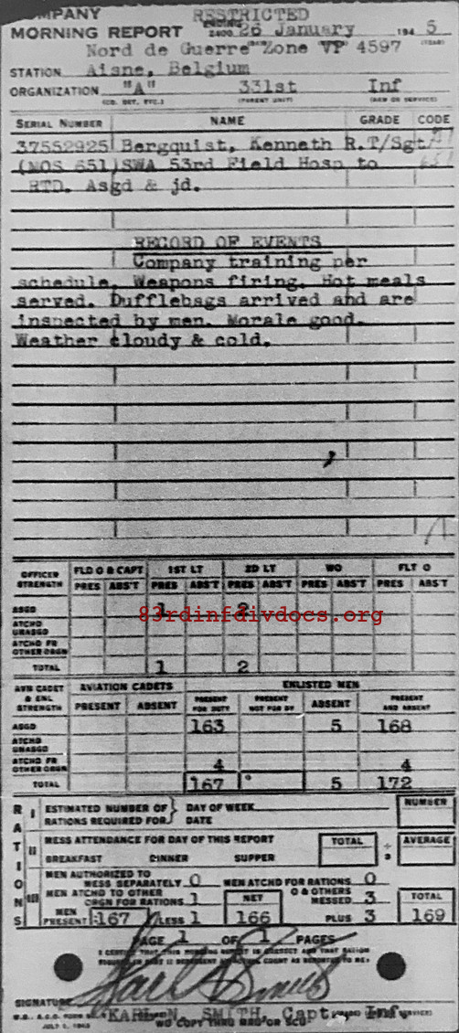 Morning report A Co, 1945-01-26, page 1 Morning report