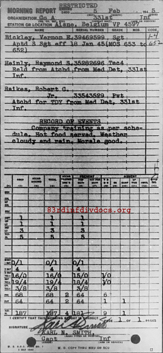 Morning report A Co, 1945-02-05, page 1 Morning report