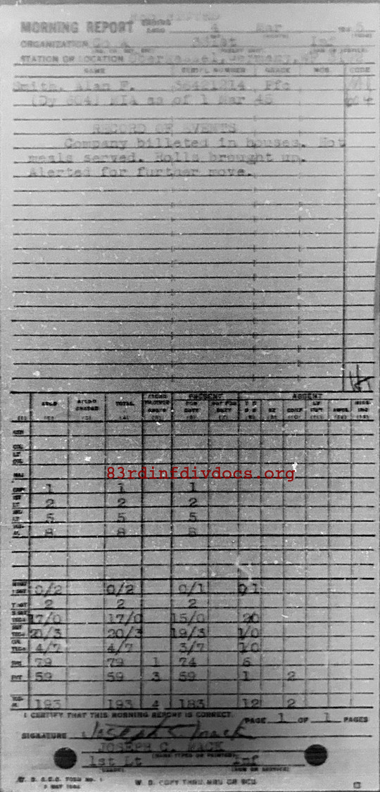 Morning report A Co, 1945-03-04, page 1 Morning report