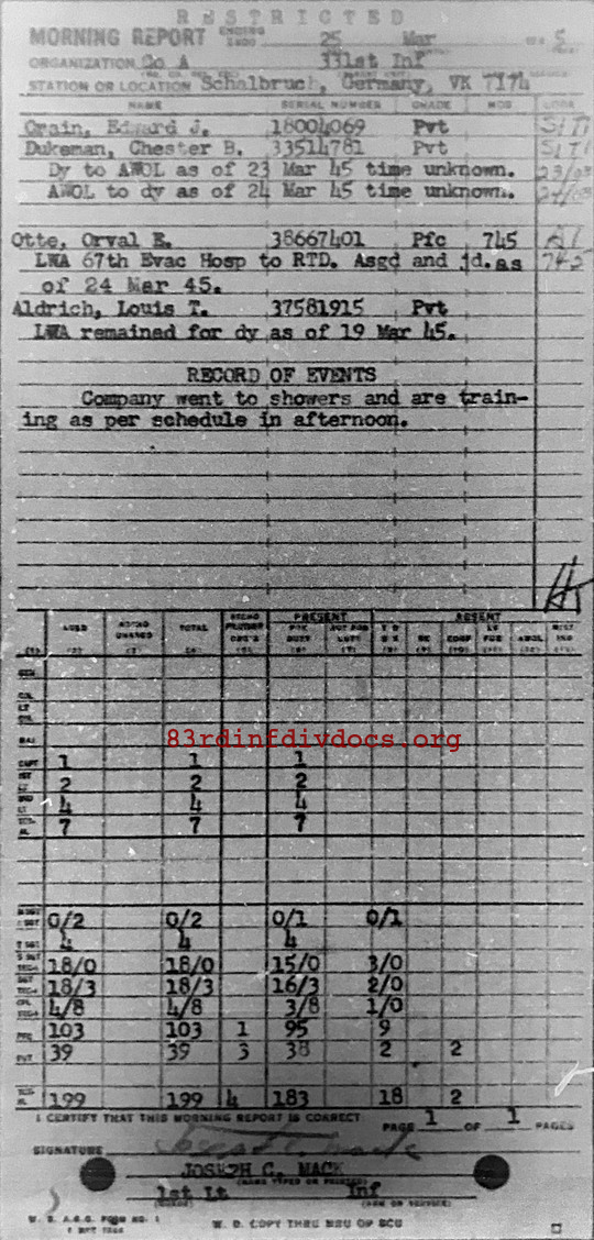 Morning report A Co, 1945-03-25, page 1 Morning report