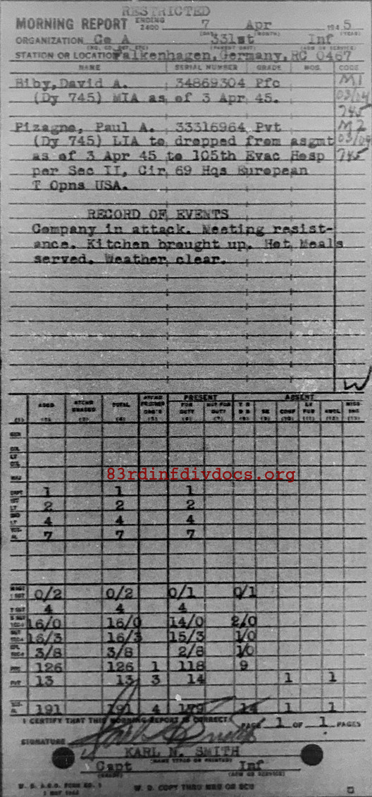Morning report A Co, 1945-04-07, page 1 Morning report