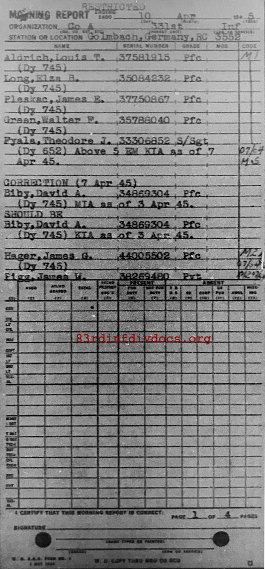 Morning report A Co, 1945-04-10, page 1 Morning report