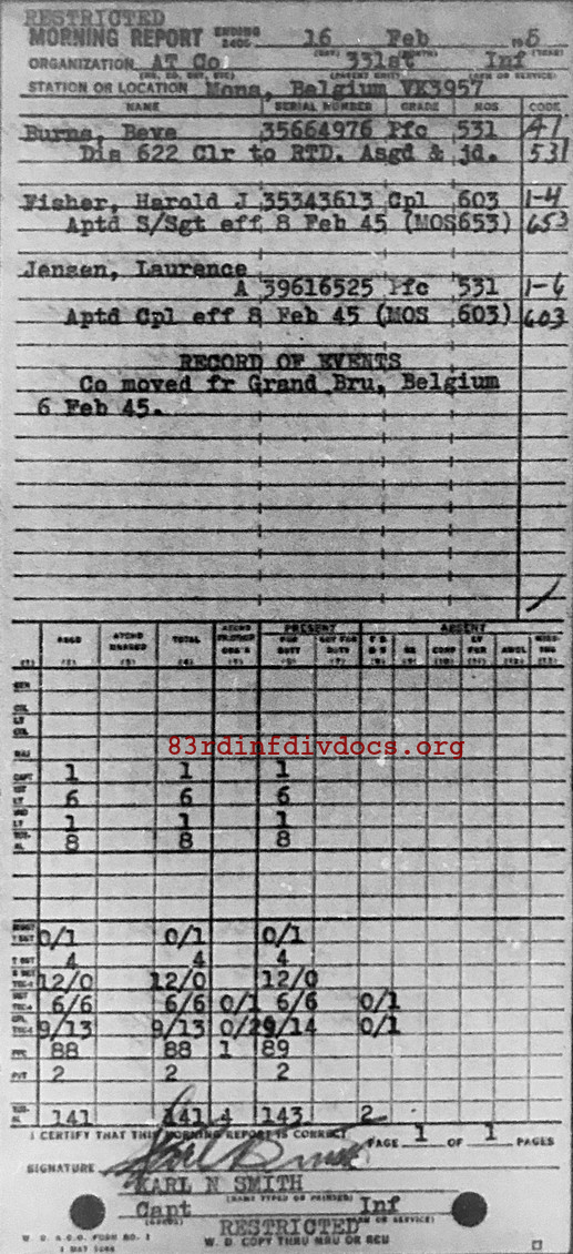 Morning report ATCO Co, 1945-02-16, page 1 Morning report