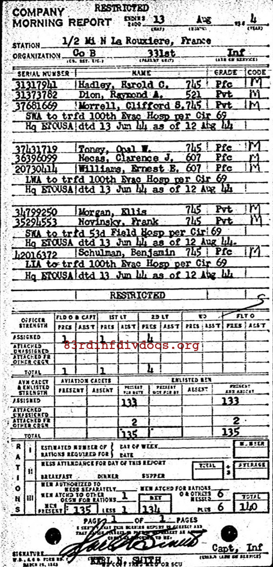 Morning report B Co, 1944-08-13, page 1 Morning report