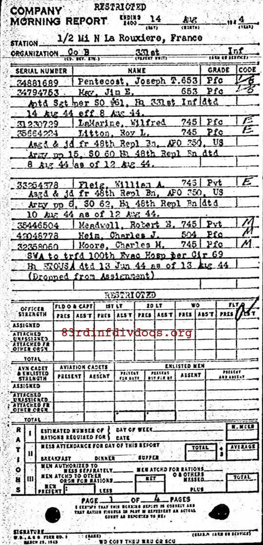Morning report B Co, 1944-08-14, page 1 Morning report