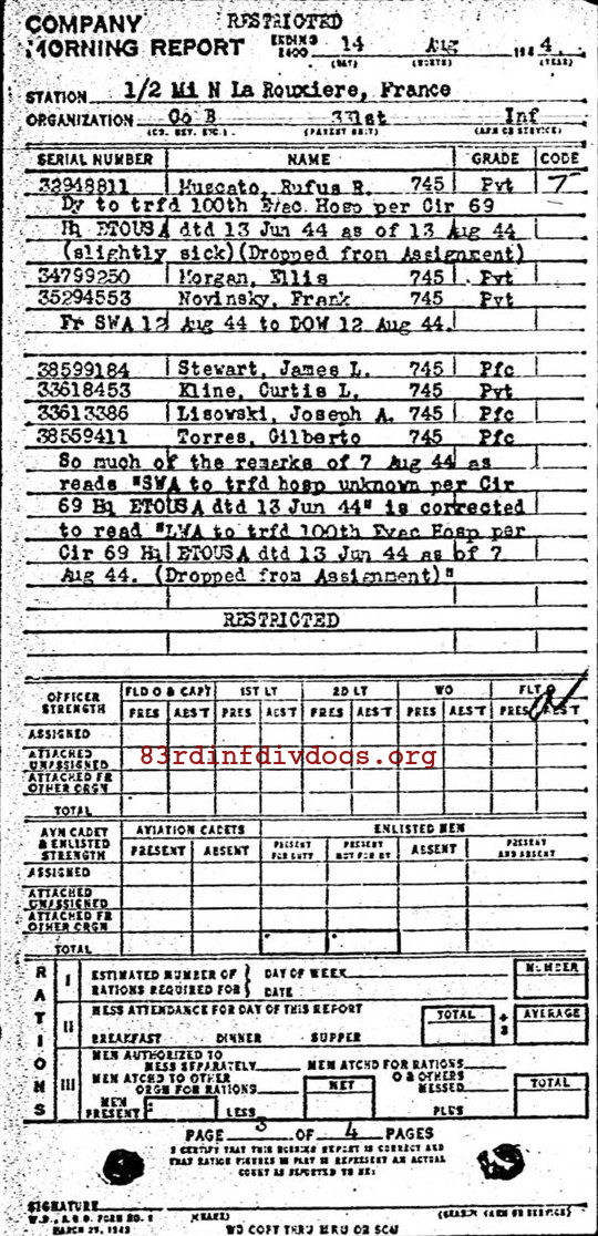 Morning report B Co, 1944-08-14, page 3 Morning report