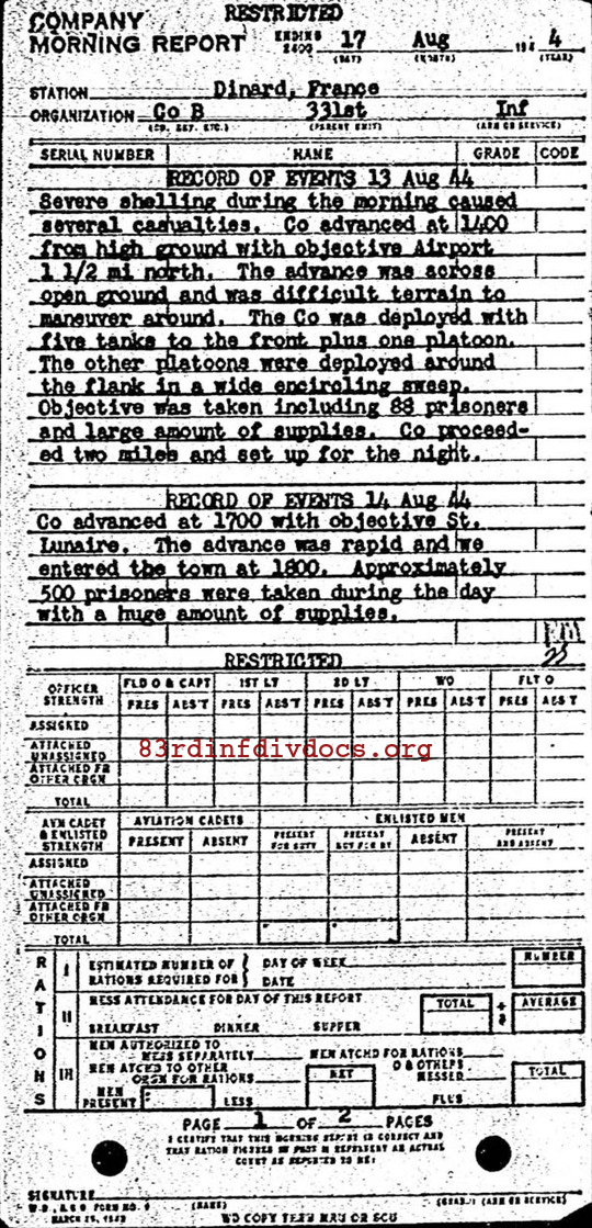 Morning report B Co, 1944-08-17, page 1 Morning report