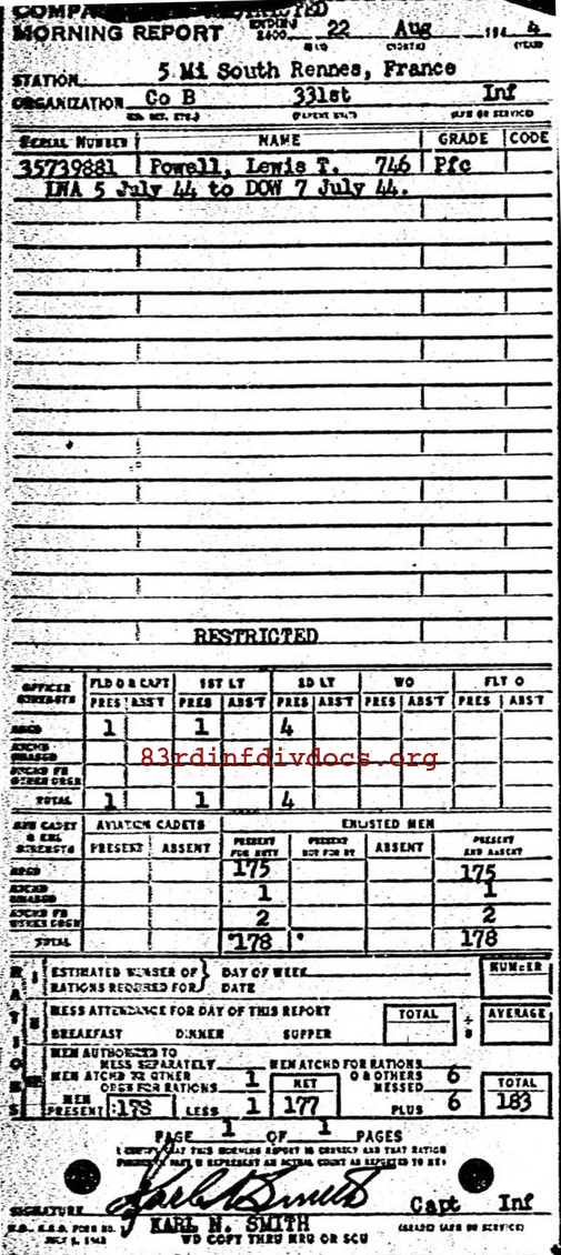 Morning report B Co, 1944-08-22, page 1 Morning report