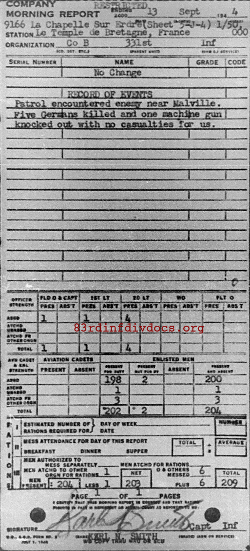 Morning report B Co, 1944-09-13, page 1 Morning report